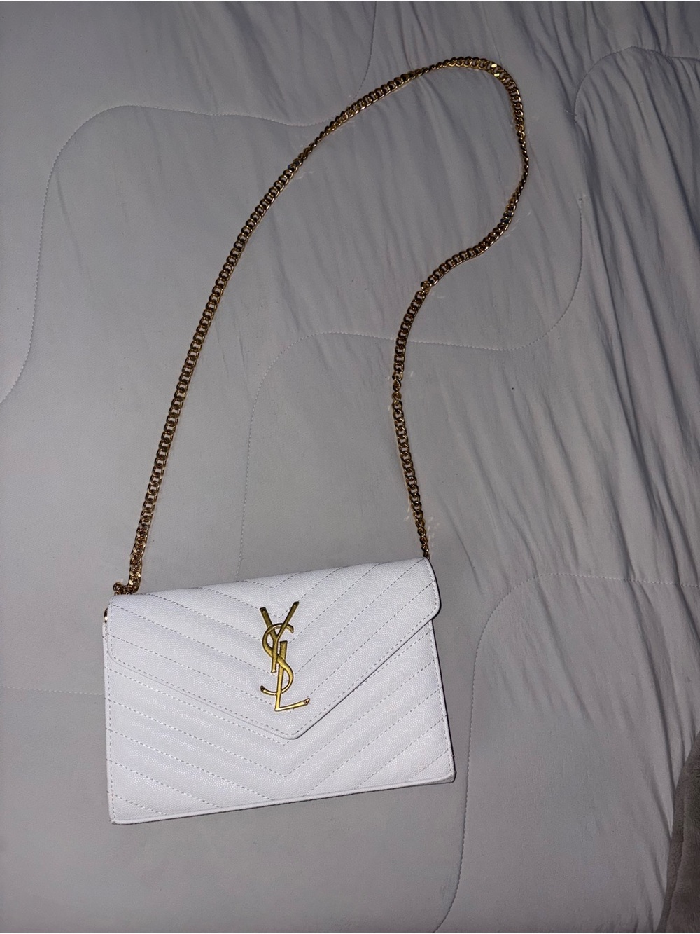 Yves Saint Laurent White Quilted Leather Crossbody with Gold Chain